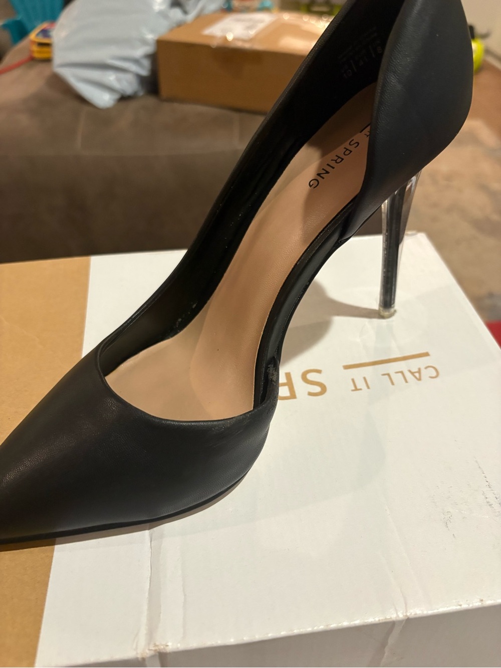 Ring Black Pointed Toe Stiletto Pump with Clear Heel